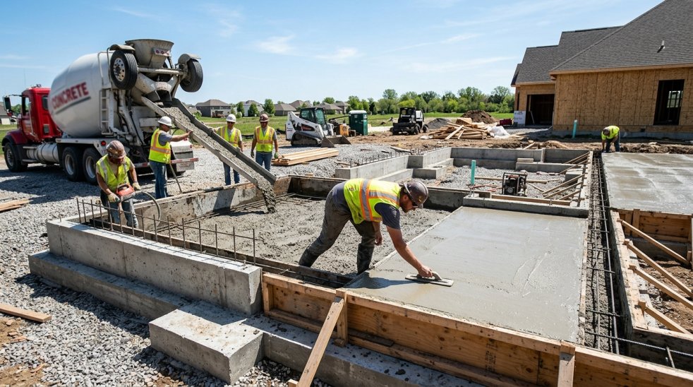 Crew pouring and finishing concrete foundation slab at a residential construction site with cement truck and forms