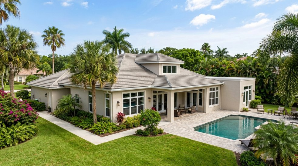 Expanded single-story home with covered patio, backyard pool, and tropical landscaping