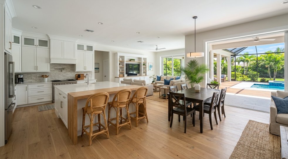Renovated open-concept kitchen and living room with dining area, patio access, and pool view