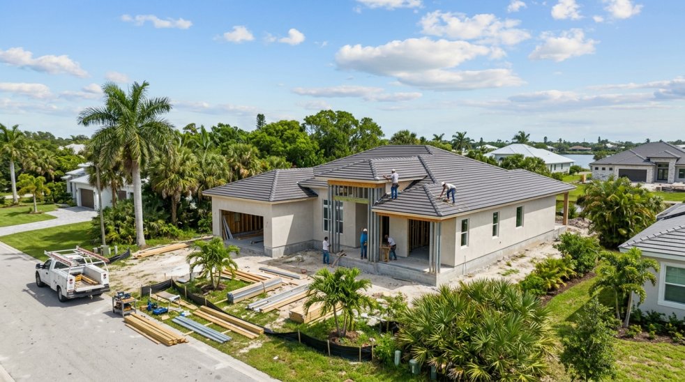 Workers building a new single-story home with roof installation in a landscaped suburban neighborhood