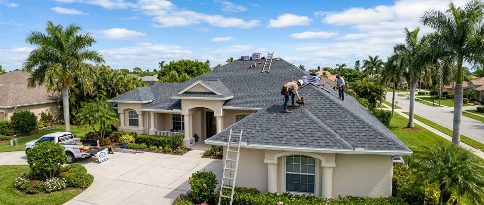 Roofers installing shingles on a large suburban home roof with ladders and work truck in driveway